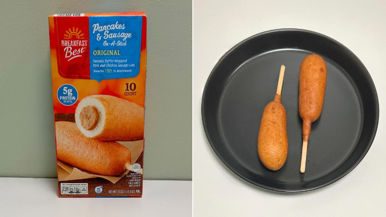 Aldi's pancakes and sausage on a stick package with pancake sticks on plate