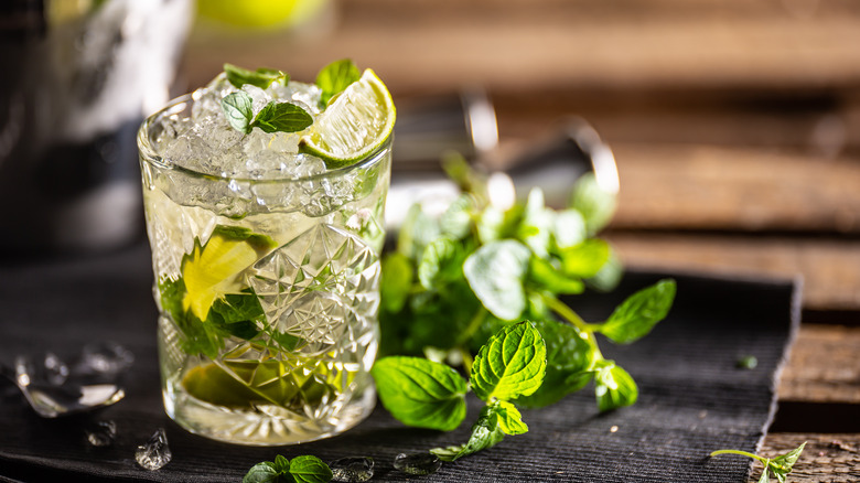 A mojito with mint leaves