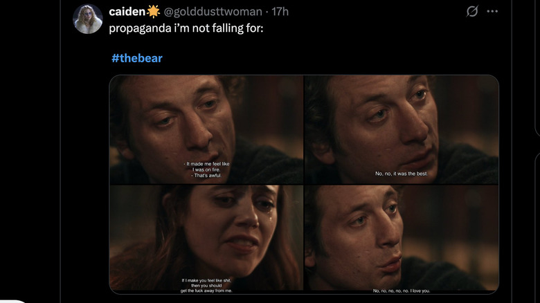 A tweet about Carmy and Claire from the Bear Season 4 having a ehart to heart