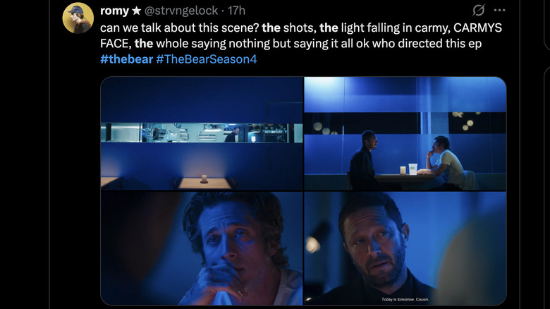 A tweet showing four screenshots from The Bear Season 4 praising the impressive visuals of the show