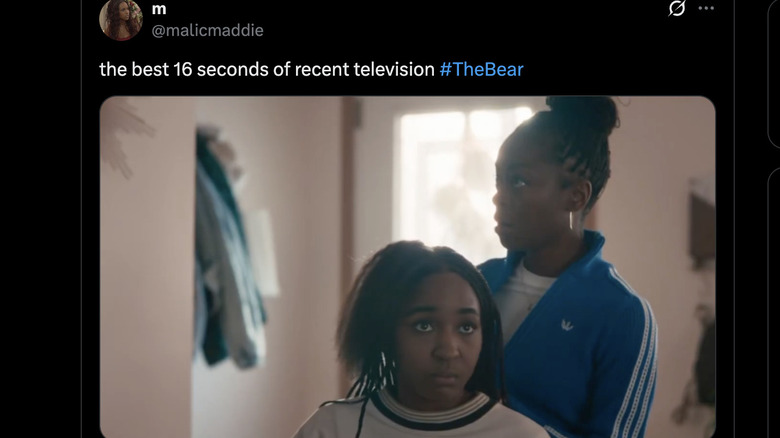 A tweet about The Bear Season 4 of Sydney having her hair done by Chantel as they both look stunned and look offscreen