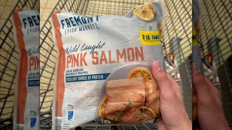 Shopper at Aldi buying Fremont Fish Market Value Pack Wild Caught Pink Salmon