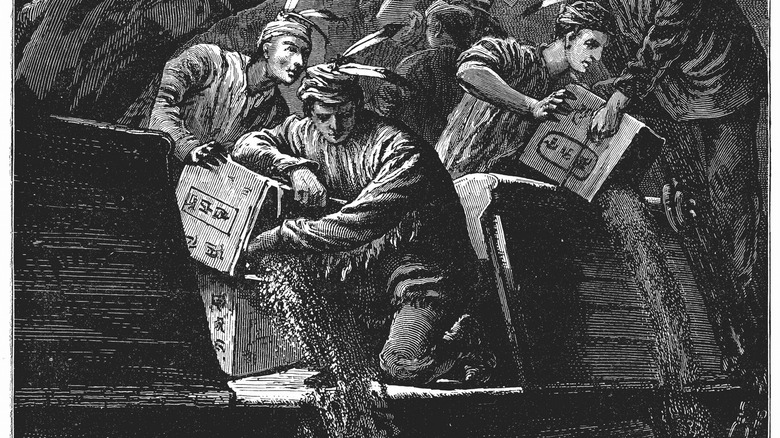 Engraving of colonists dumping tea
