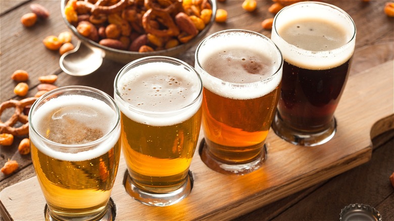 Beer flight on wooden board 