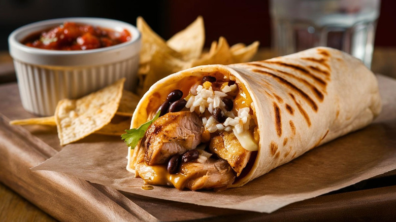 A flour tortilla stuffed with chicken, rice, beans, cheese, and fresh salsa.