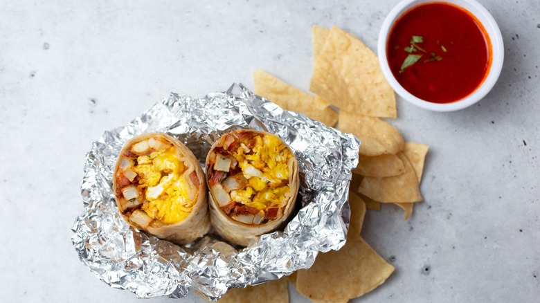 Breakfast burrito cut in half