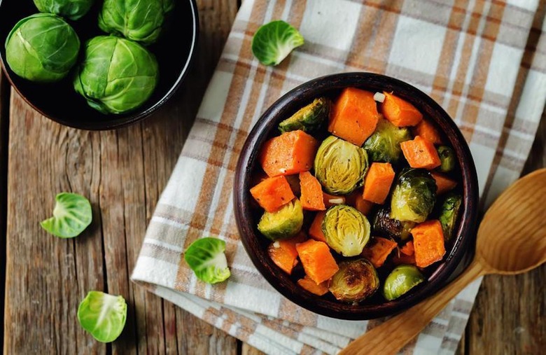 Roasted Gingered Sweet Potatoes and Brussels Sprouts 