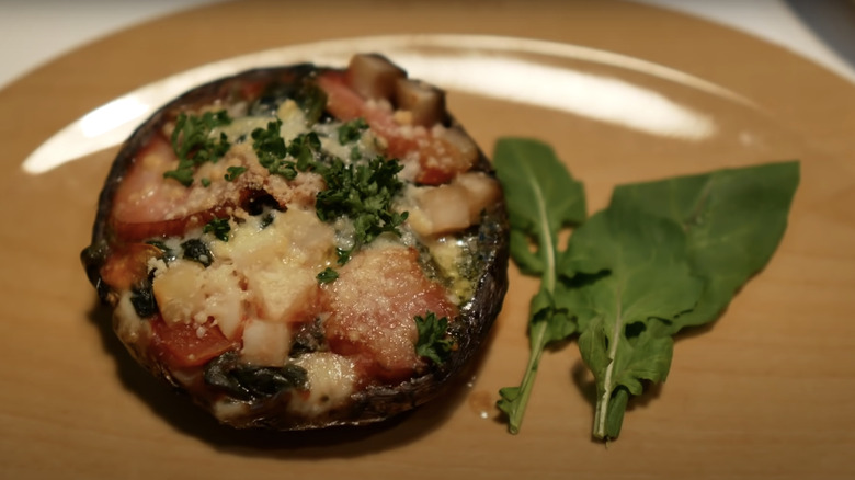Portobello Mushroom Pizza Topped with Bacon and Vegetables
