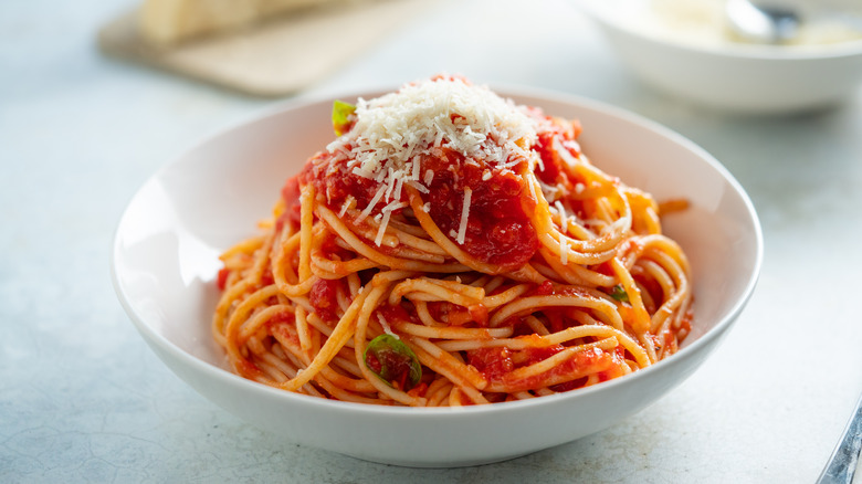 Bowl of spaghetti in red sauce