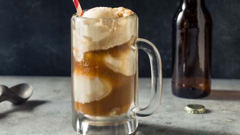 Root beer float in beer mug