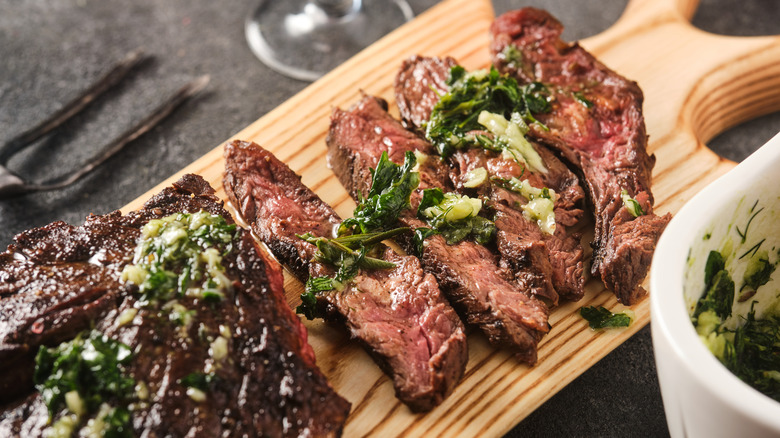 sliced hanger steak with chimichurri