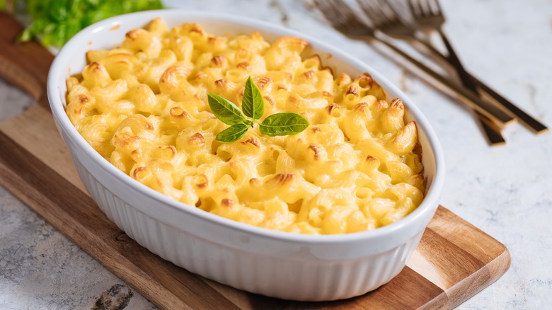 A casserole dish of macaroni and cheese 