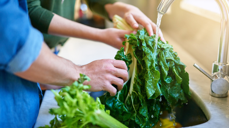 washing vegetables under faucet