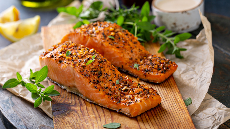 Cedar plank grilled salmon