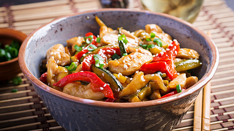 Bowl of chicken vegetable stir-fry