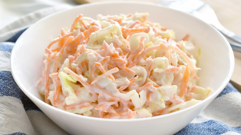 White bowl of coleslaw