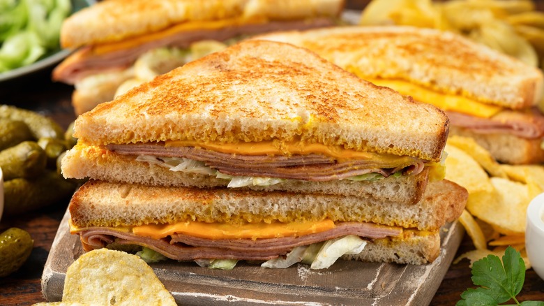 Fried bologna sandwich on a plate.