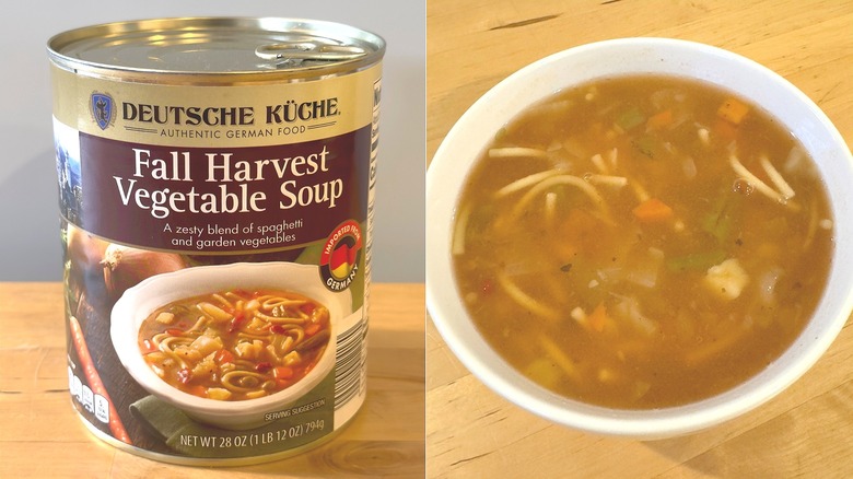 Deutsche Kuche Fall Harvest Vegetable Soup can and bowl of soup