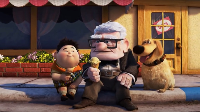 Up characters eating ice cream on curb in front of Fenton's
