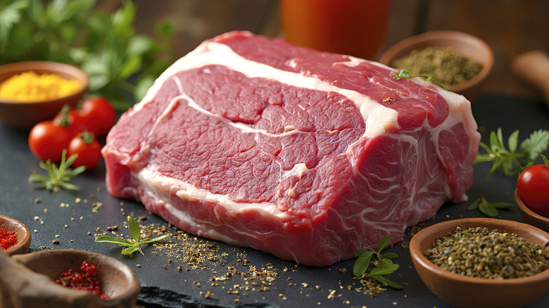 Raw cut of pork butt on board with seasonings