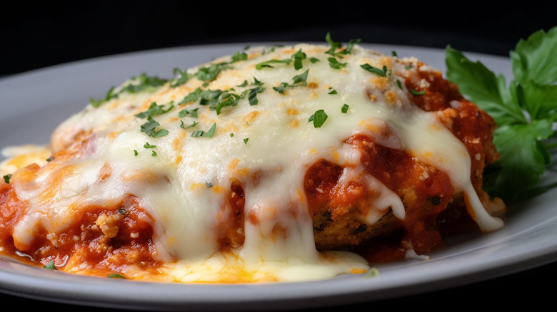 A plate of saucy chicken parmesan topped with Parmesan and provolone cheeses, and parsley