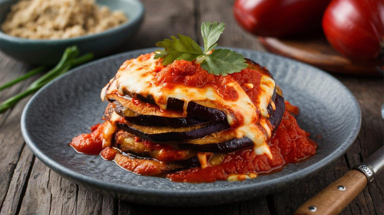 A plate of eggplant parmesan with sauce and melted cheese