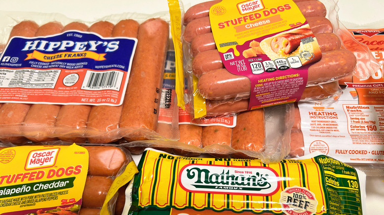 Packs of hot dogs stacked onto each other