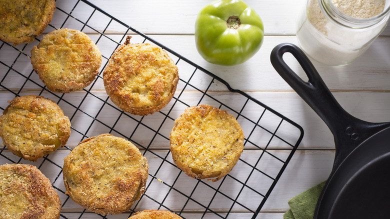 Fried green tomatoes on cooling rack