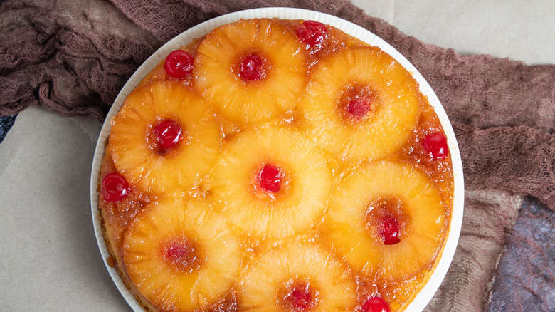 Upside down cake in circle pan