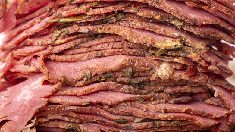 Stacked slices of pastrami