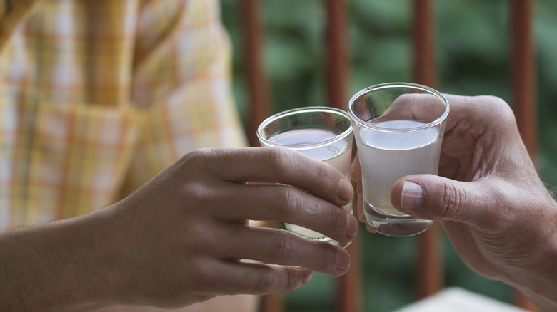 two people clinking shot glasses