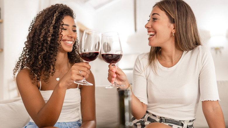 two girls drinking and clinking wine glasses