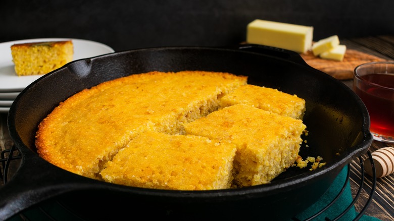 loaf of cornbread in skillet
