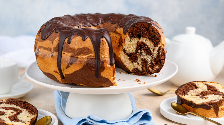 sour cream chocolate marble bundt cake on a cake platter