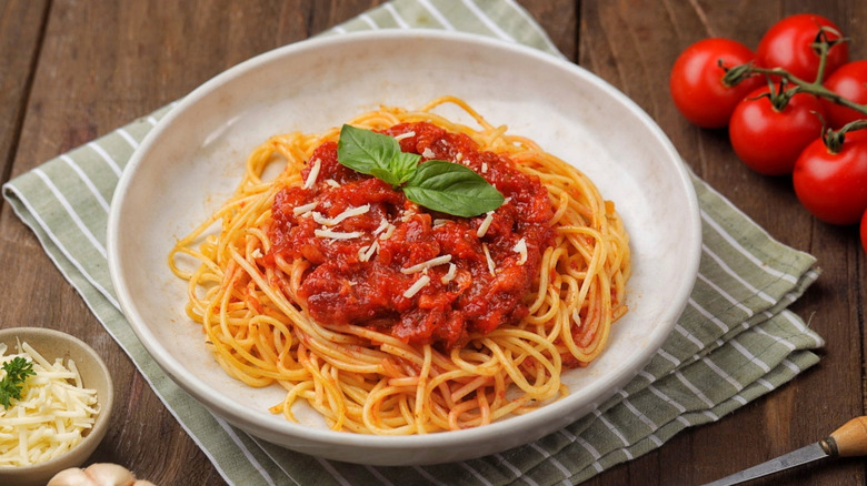 Italian-style spaghetti pomodoro in a bowl