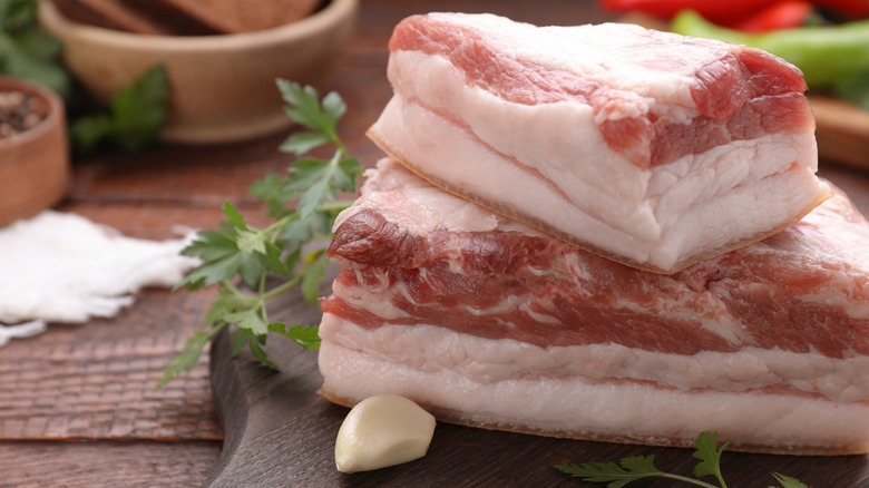 raw pork fatback on cutting board