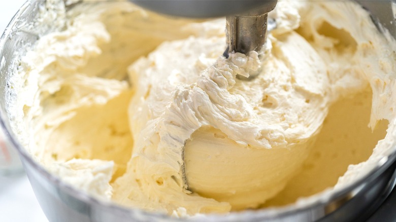 Vanilla buttercream in mixer 