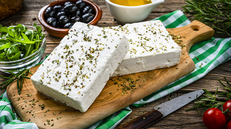 Two blocks of feta cheese