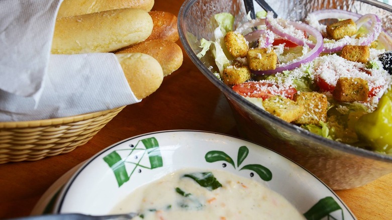 Soup salad and breadsticks