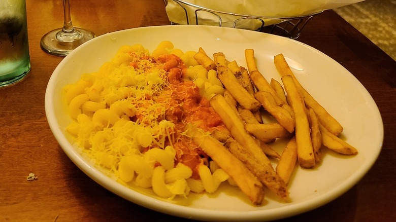 pasta and fries on plate