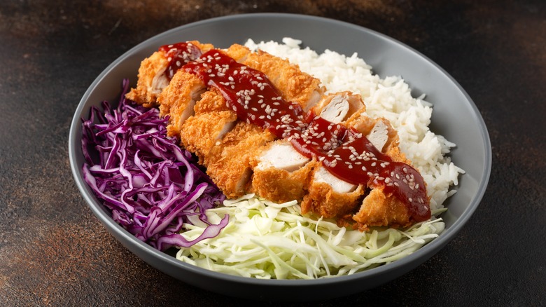 Chicken katsu in grey bowl
