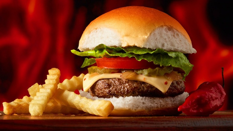 slider, peppers, fries, flames 