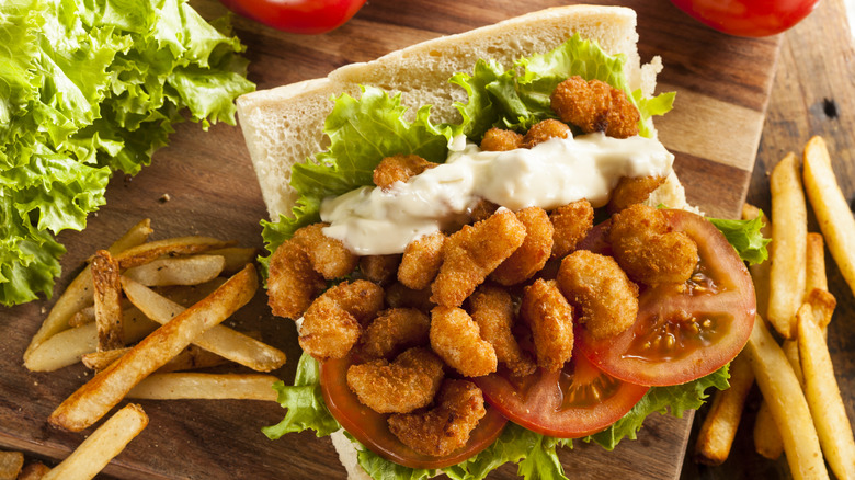 Fried shrimp po-boy with French fries