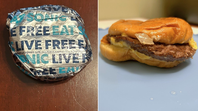 Side-by-side images of a Sonic garlic butter bacon cheeseburger in wrapper and unwrapped