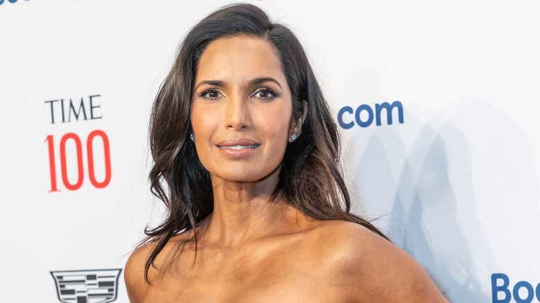 Padma Lakshmi in a strapless dress on the red carpet.