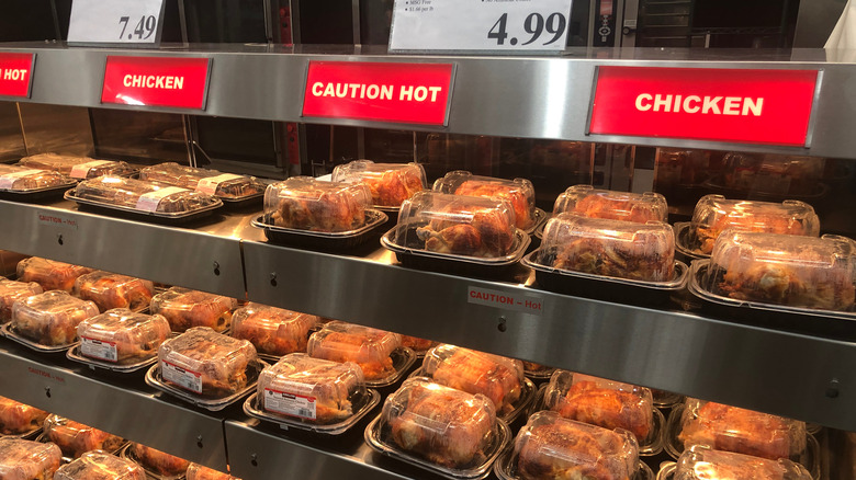 Costco rotisserie chicken on display