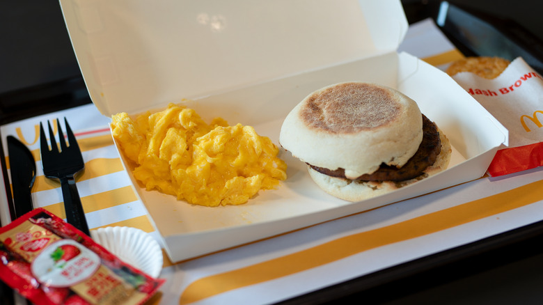 McDonald's breakfast combo served on a tray in a paper box