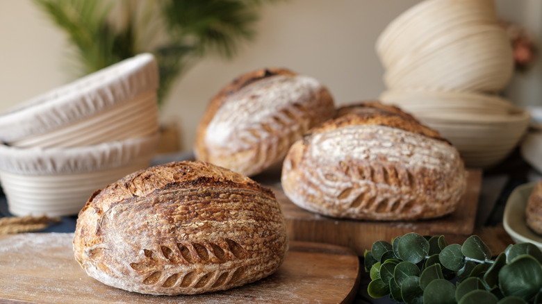 Sourdough bread with leaf scoring.