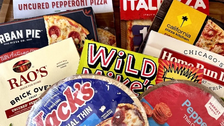 Stack of variety of frozen pepperoni pizza options