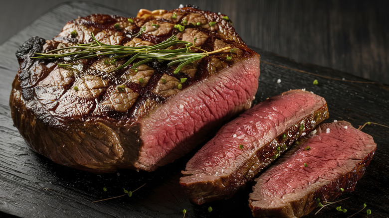 A medium rare steak sliced open